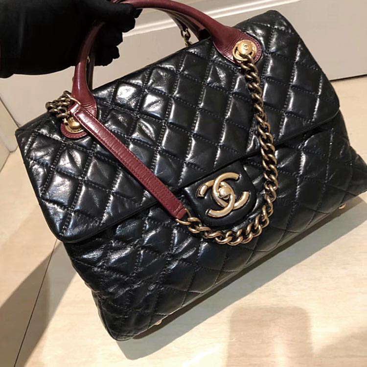 二手奢侈品 Chanel香奈儿孟买黑金油蜡皮单盖手提包